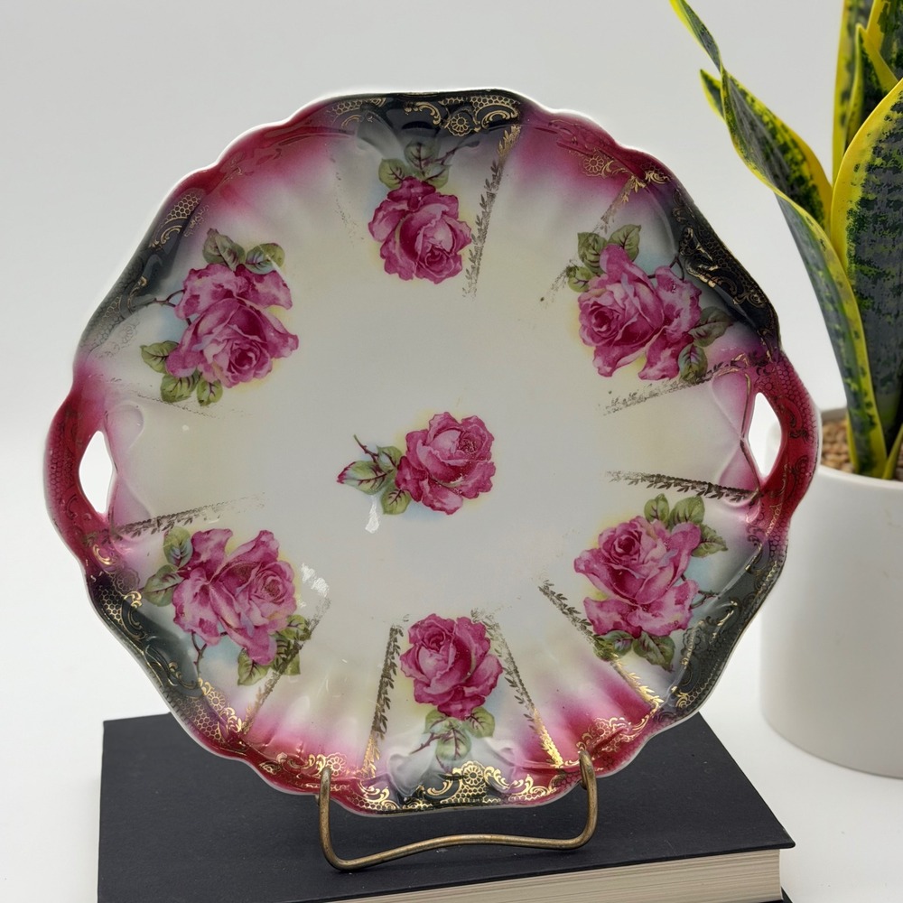 Antique C S Germany Hand Painted Rose Porcelain Scalloped Handled Serving Plate